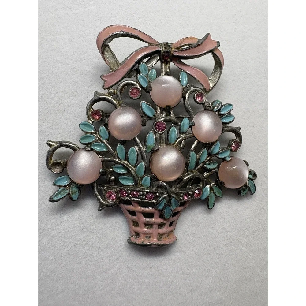 Vintage Pink Faux Moonstone With Rhinestone Enamel‎ Flowers Brooch